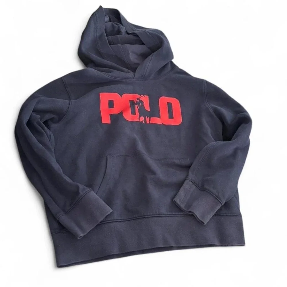 Vintage Polo Ralph Lauren kids hoodie in navy blue with oversized‎ red POLO logo